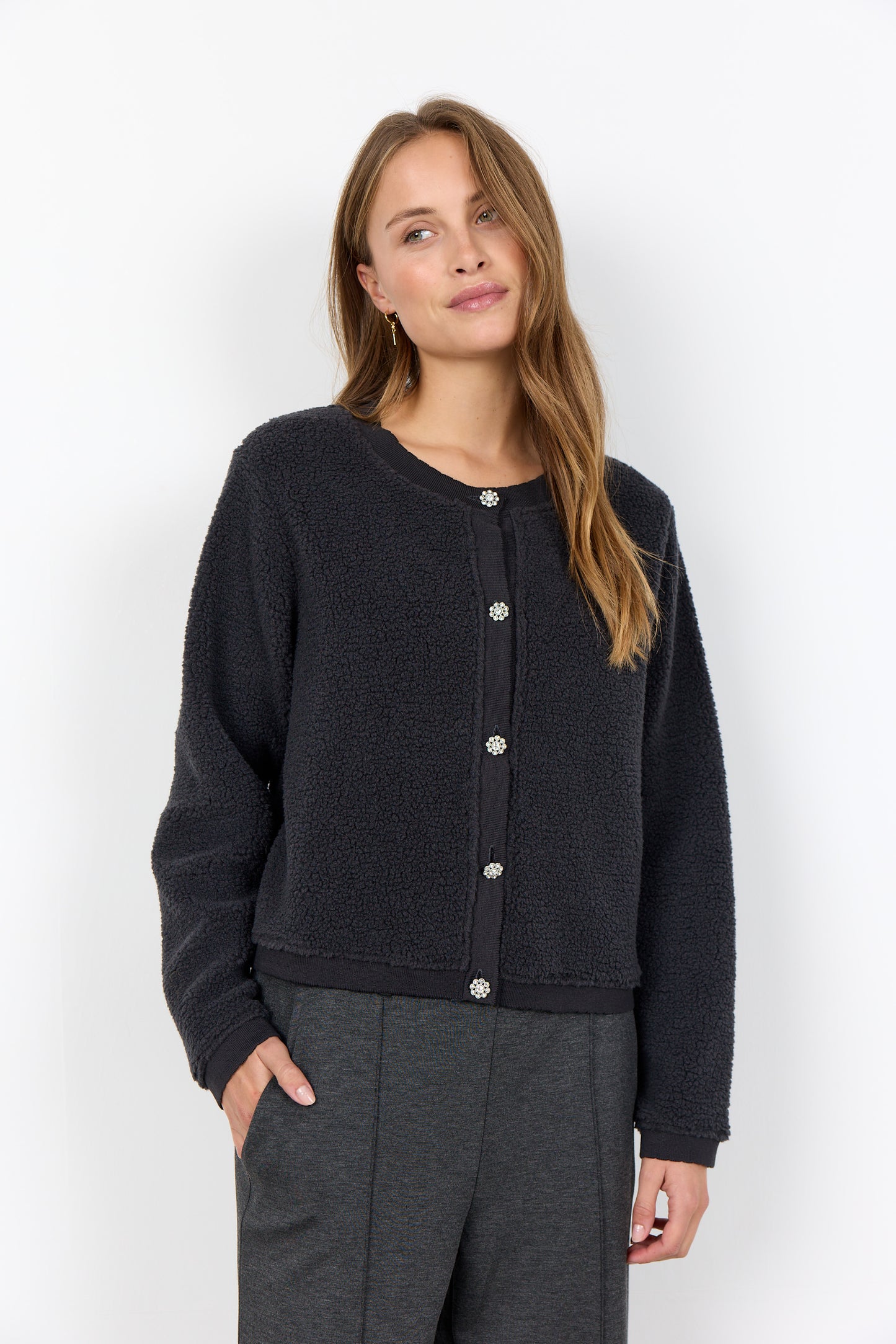 SOYA CONCEPT ONYX Charcoal Grey Rhinestone Button Jacket