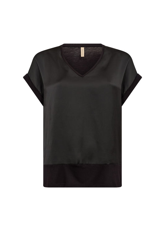 SOYA CONCEPT Thilde Black Satin V-Neck T-Shirt – Soft ECOVERO™ Viscose Tee