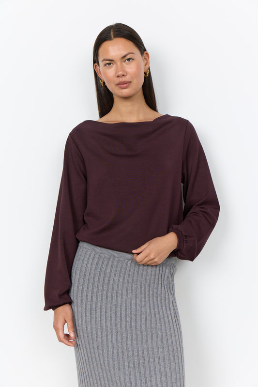 SOYA CONCEPT BANU 333 Chocolate Plum Brown Draped Neck Long Sleeve Sweatshirt