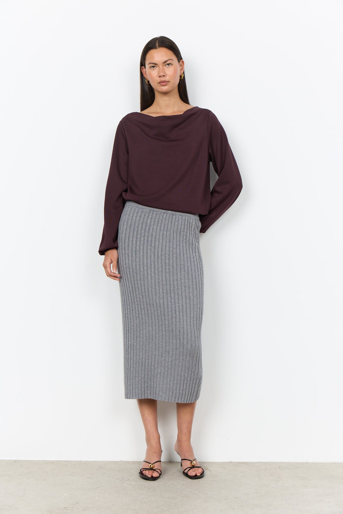 SOYA CONCEPT BANU 333 Chocolate Plum Brown Draped Neck Long Sleeve Sweatshirt