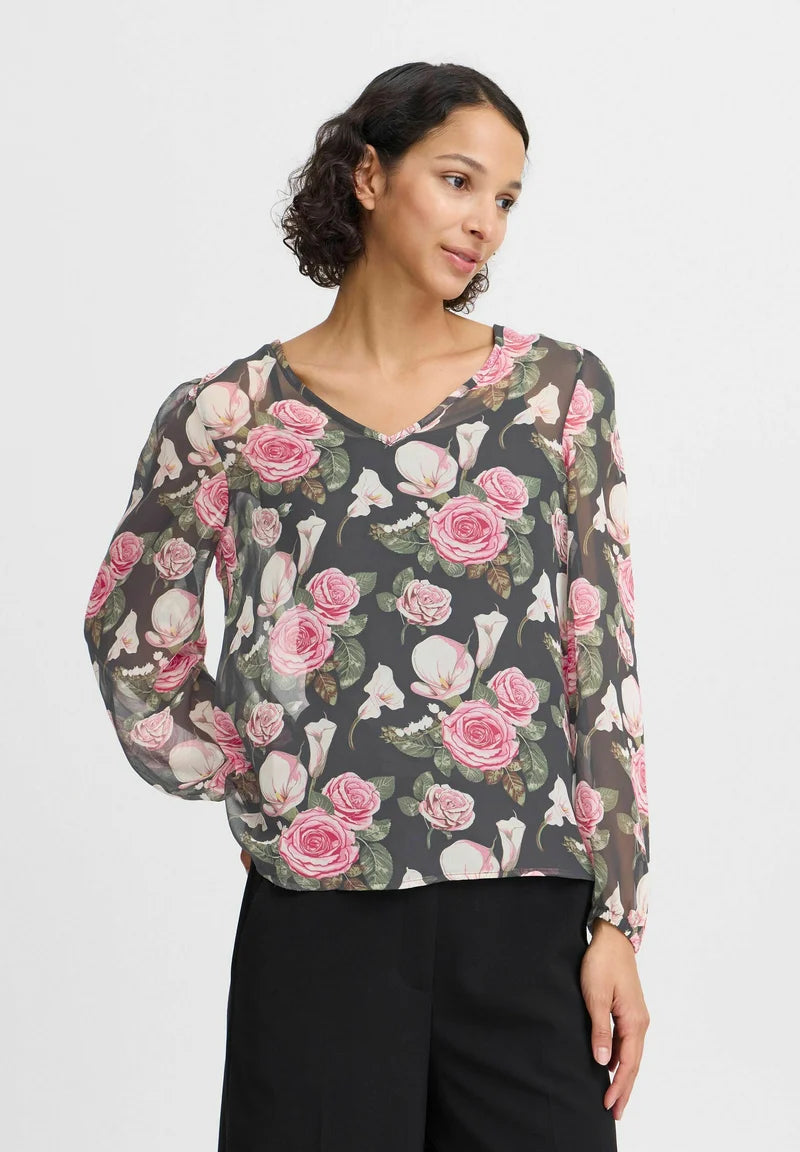 B.YOUNG ROSALIE Sheer Floral Blouse – Romantic Rose Print Lightweight Top