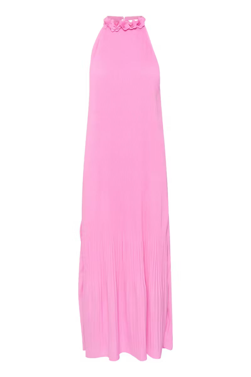 CREAM BELLA Pink Dress – Plissé Crinkle Floral Neckline Sleeveless Long Dress