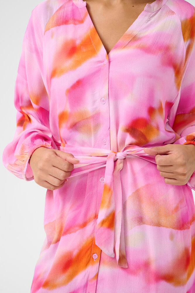 CREAM ALLISON Pink Dress – Tie-Dye Button Front Belted Shirt Dress