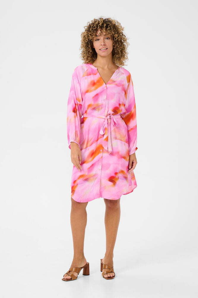 CREAM ALLISON Pink Dress – Tie-Dye Button Front Belted Shirt Dress