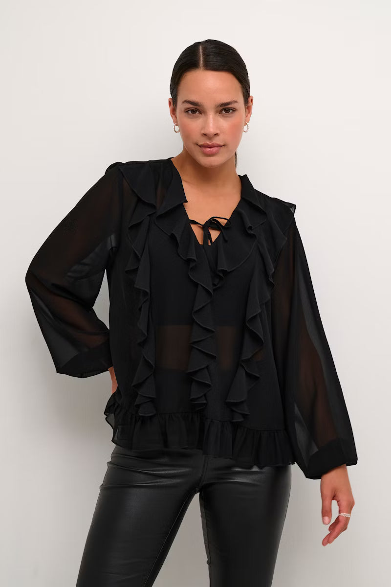 KAFFE NINNA Black Sheer Romantic Ruffle Blouse