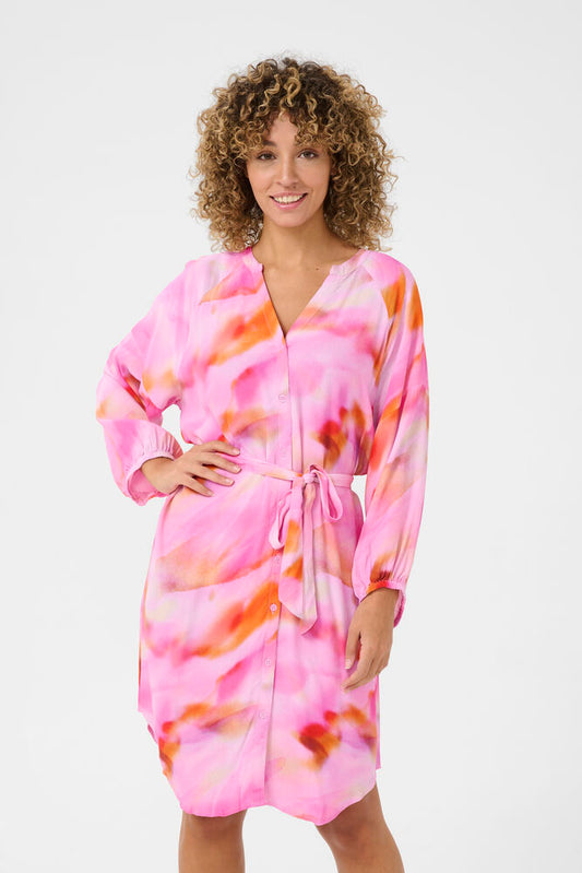 CREAM ALLISON Pink Dress – Tie-Dye Button Front Belted Shirt Dress