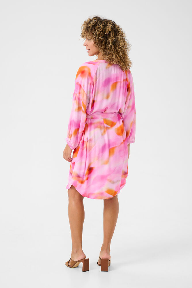 CREAM ALLISON Pink Dress – Tie-Dye Button Front Belted Shirt Dress