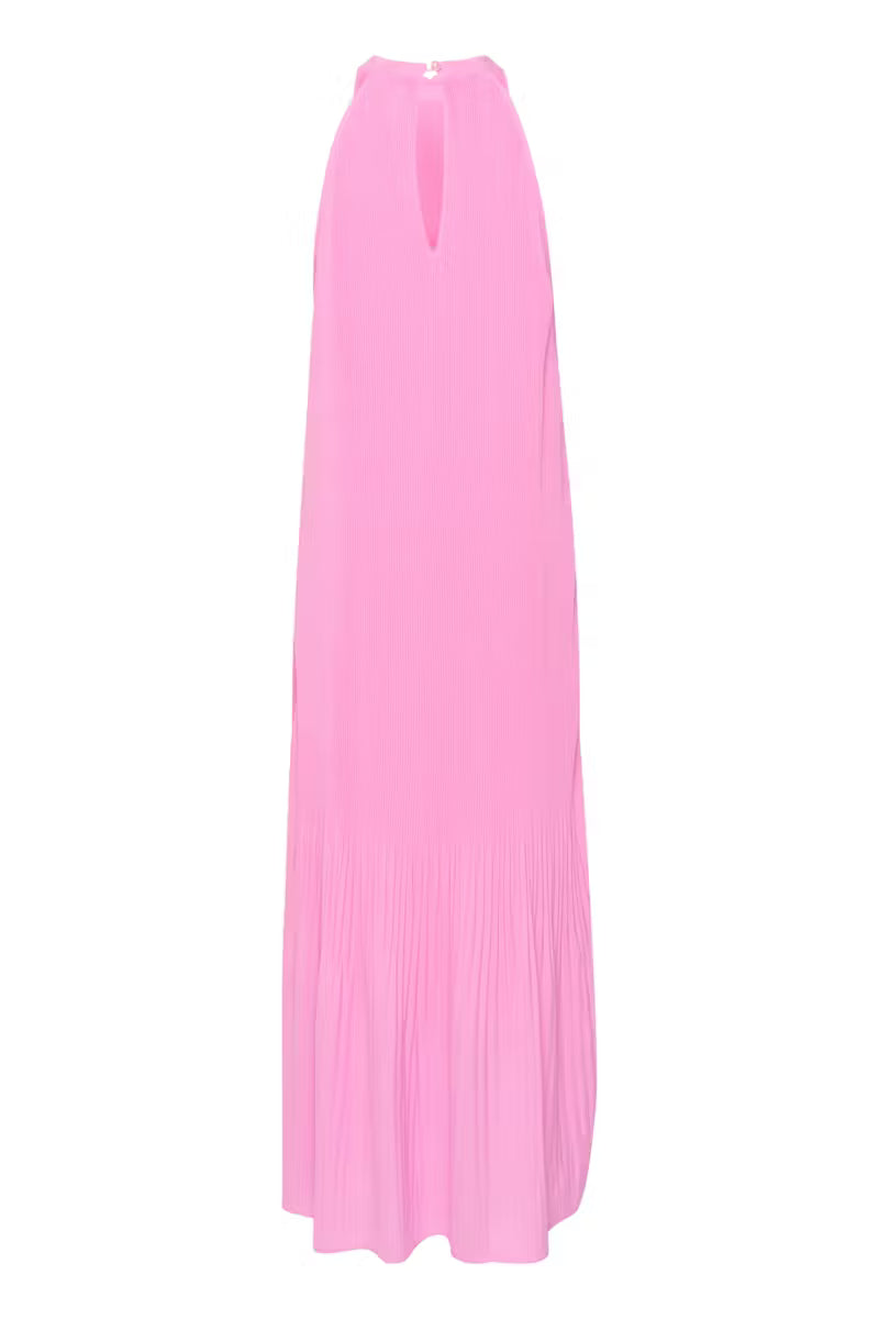 CREAM BELLA Pink Dress – Plissé Crinkle Floral Neckline Sleeveless Long Dress