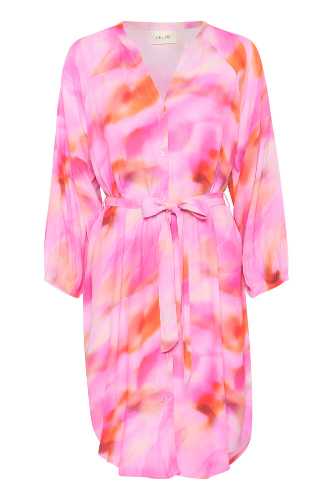 CREAM ALLISON Pink Dress – Tie-Dye Button Front Belted Shirt Dress