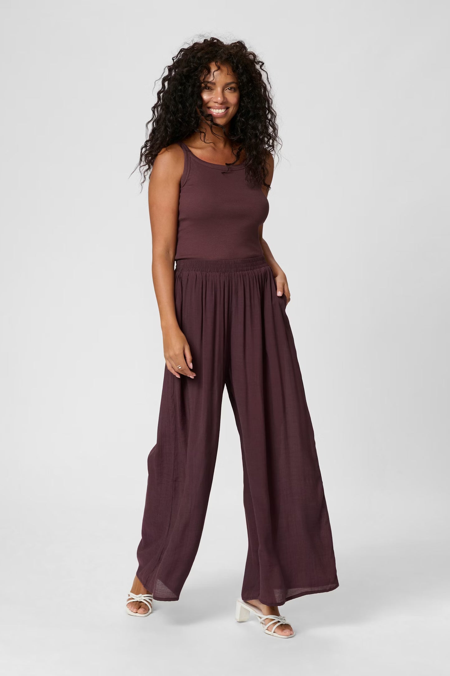 KAFFE ANYA Chocolate Fudge Flowy Wide Leg Trousers