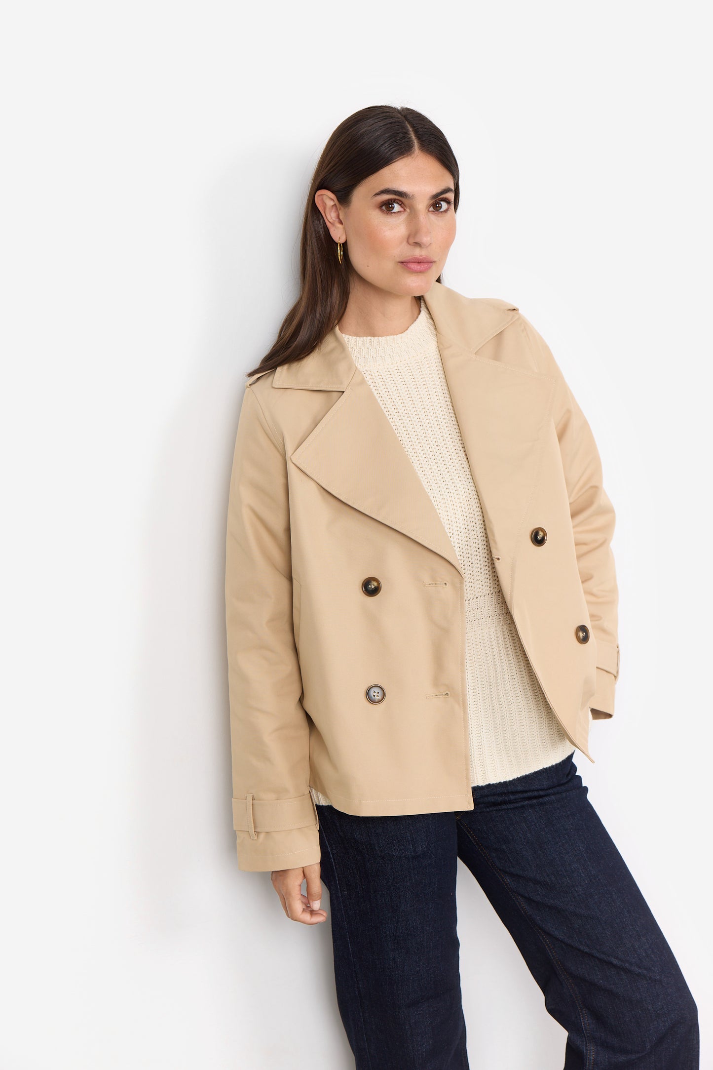 SOYA CONCEPT Amanda Camel Cropped Trench Jacket – Double-Breasted Short Coat