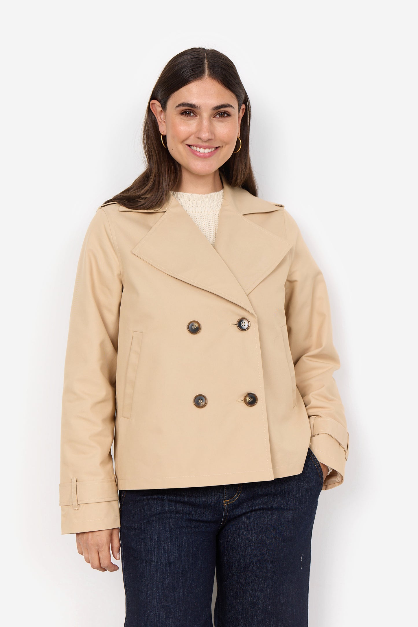 SOYA CONCEPT Amanda Camel Cropped Trench Jacket – Double-Breasted Short Coat