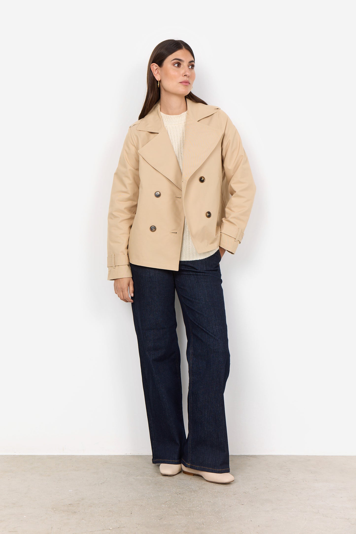 SOYA CONCEPT Amanda Camel Cropped Trench Jacket – Double-Breasted Short Coat