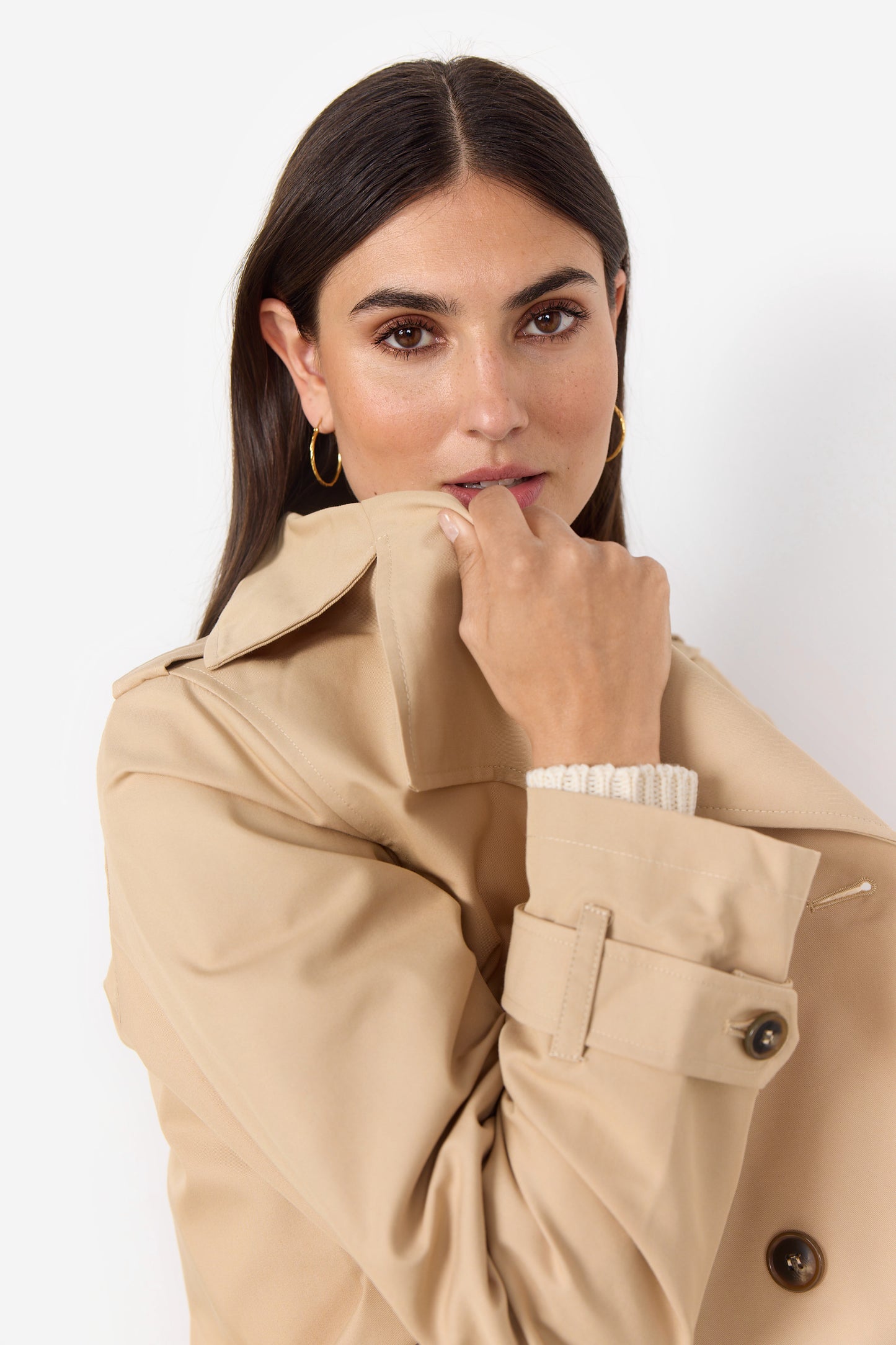 SOYA CONCEPT Amanda Camel Cropped Trench Jacket – Double-Breasted Short Coat