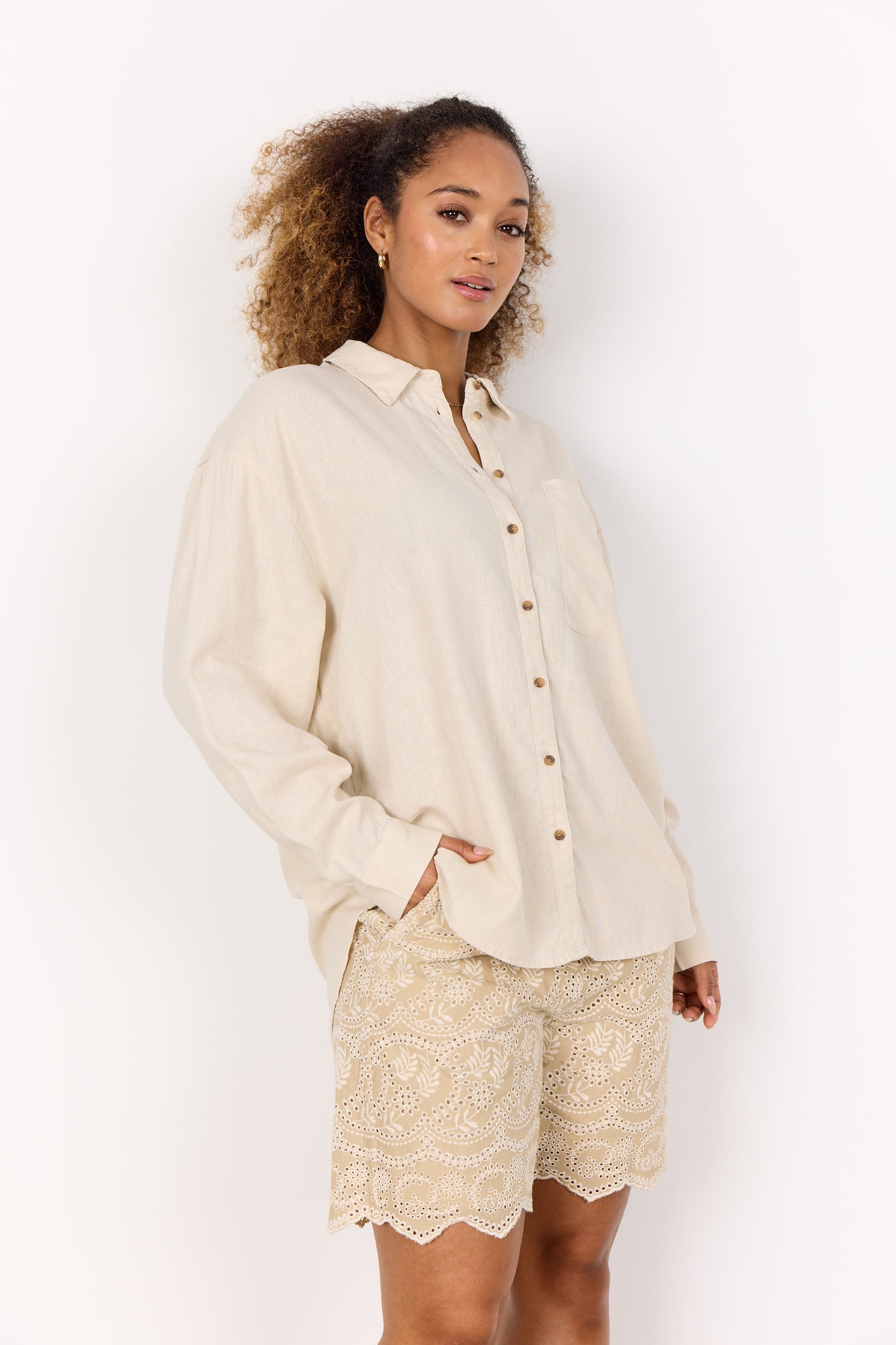 SOYA CONCEPT INA Sand Linen Blend Button Down Blouse