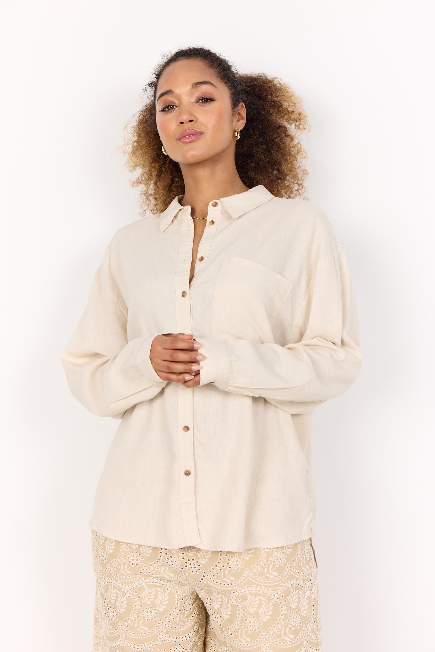 SOYA CONCEPT INA Sand Linen Blend Button Down Blouse