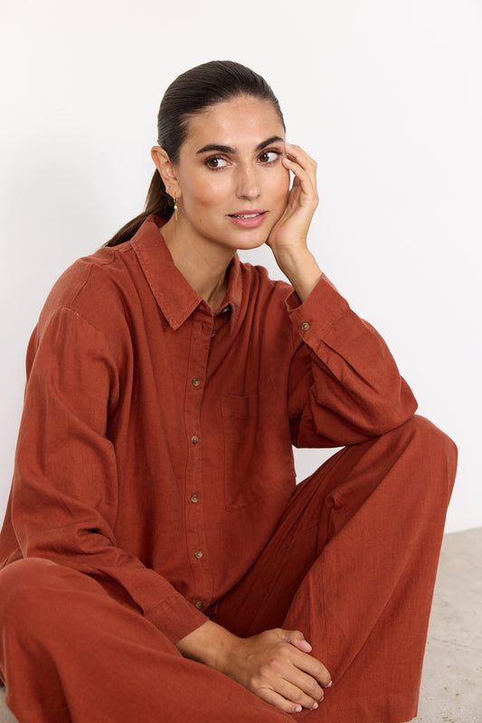 SOYA CONCEPT INA Rust Linen Blend Button Down Blouse