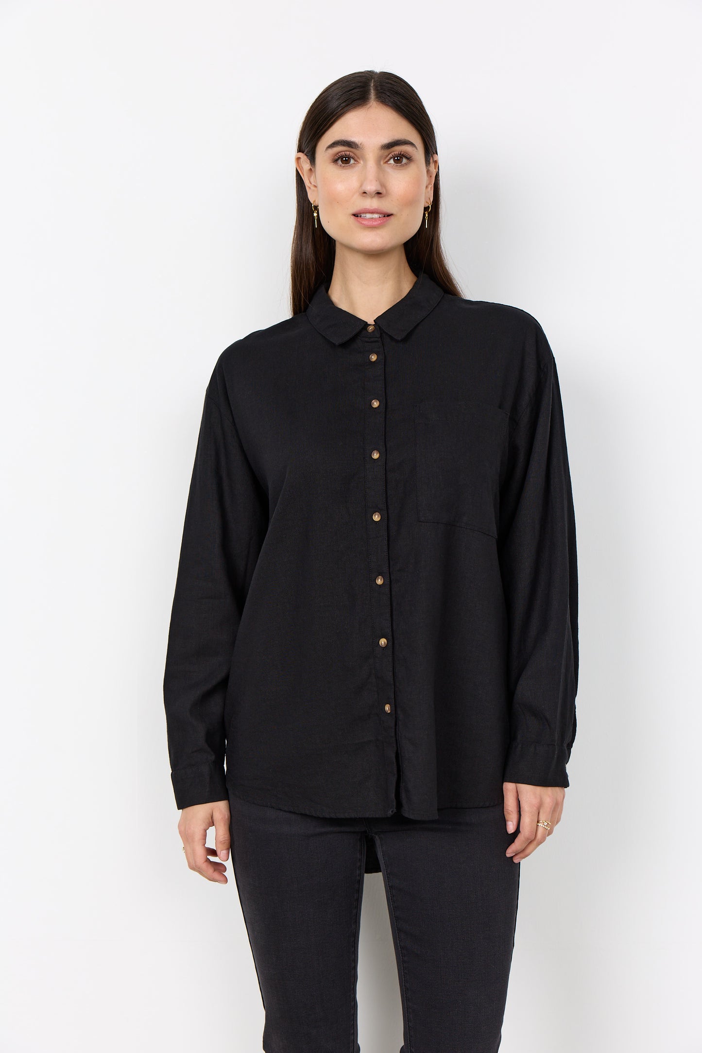 SOYA CONCEPT Ina Black Linen Blend Button Down Blouse
