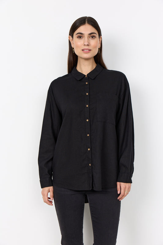SOYA CONCEPT Ina Black Linen Blend Button Down Blouse