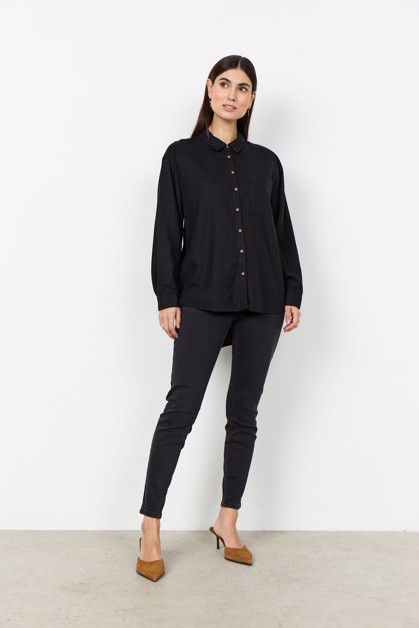 SOYA CONCEPT Ina Black Linen Blend Button Down Blouse