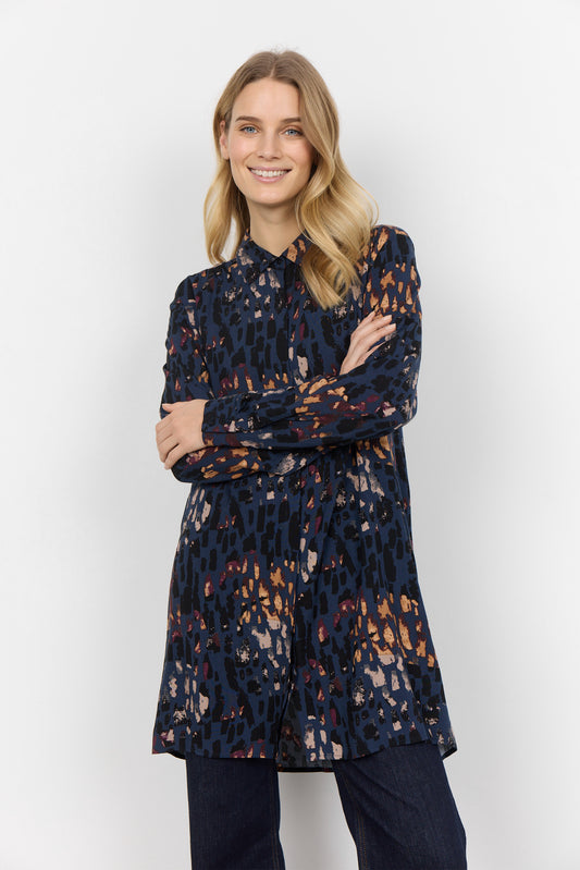 SOYA CONCEPT IMA 2 Blue Iris Print Button Down Tunic Blouse