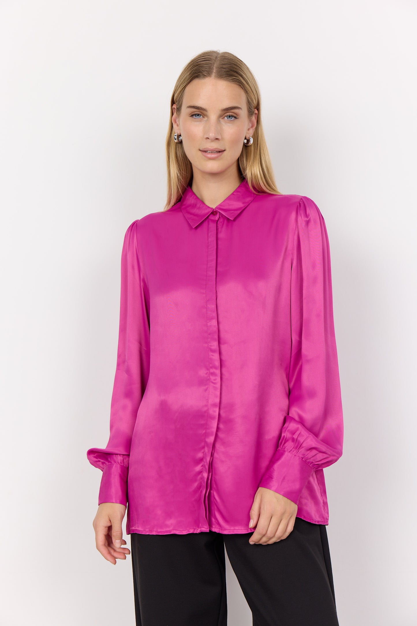 SOYA CONCEPT Hope Fuchsia Satin Button Down Blouse