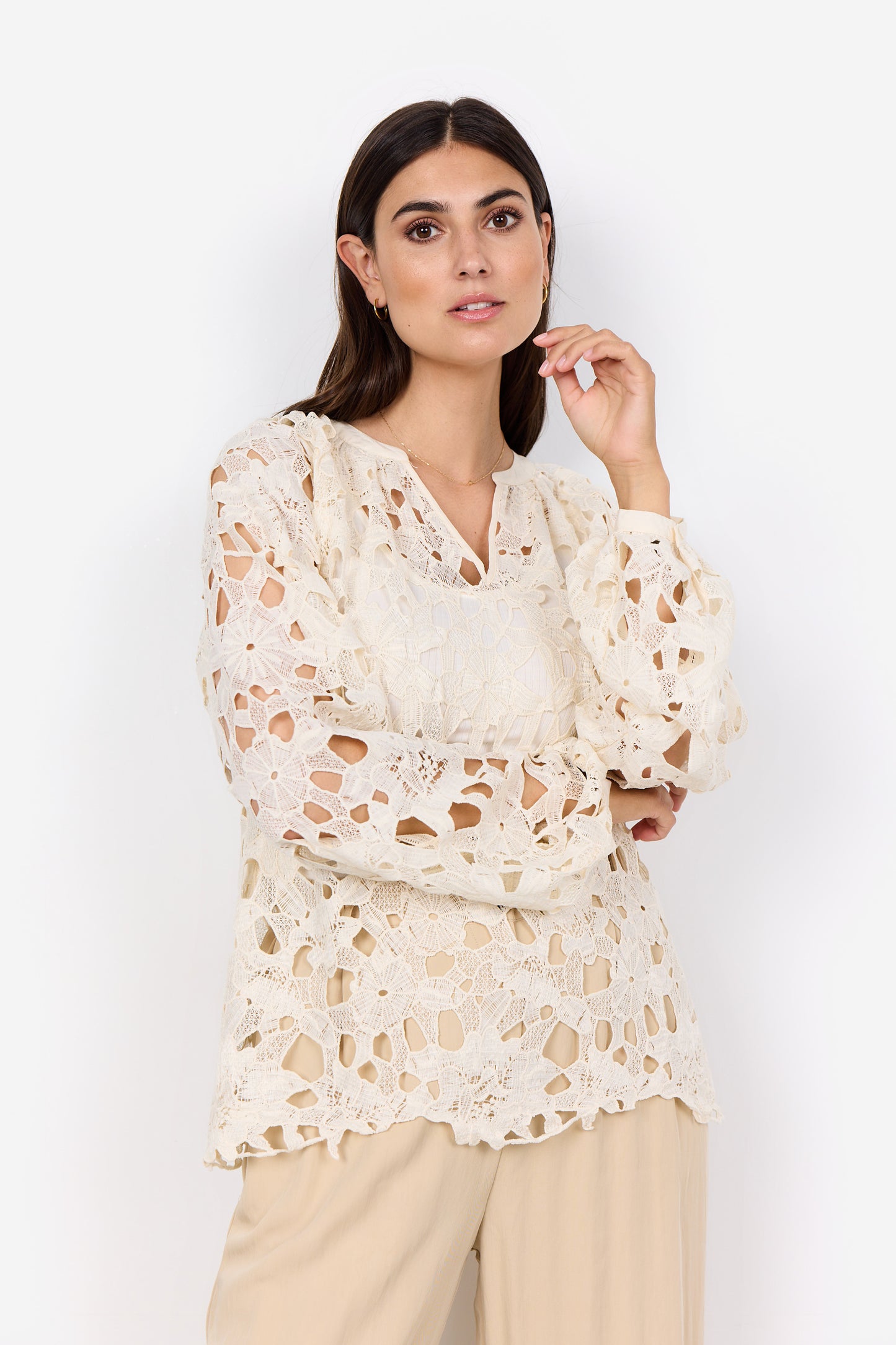 SOYA CONCEPT PAJA 1 Cream Floral Crochet Lace Blouse
