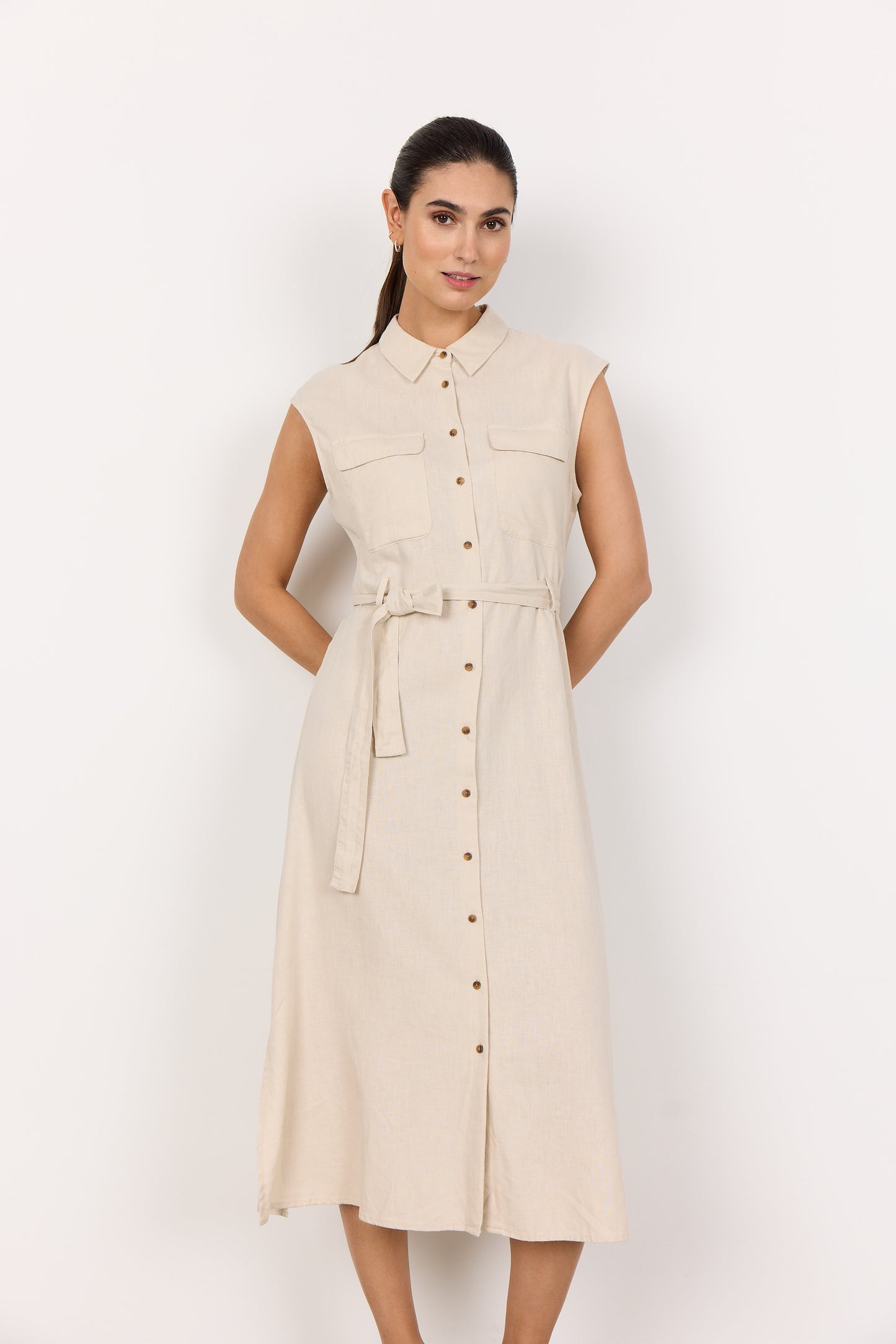 SOYA CONCEPT INA Sand Linen Blend Button Down Dress