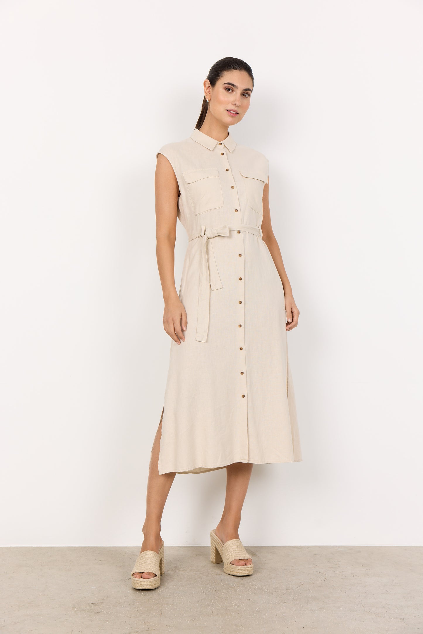SOYA CONCEPT INA Sand Linen Blend Button Down Dress
