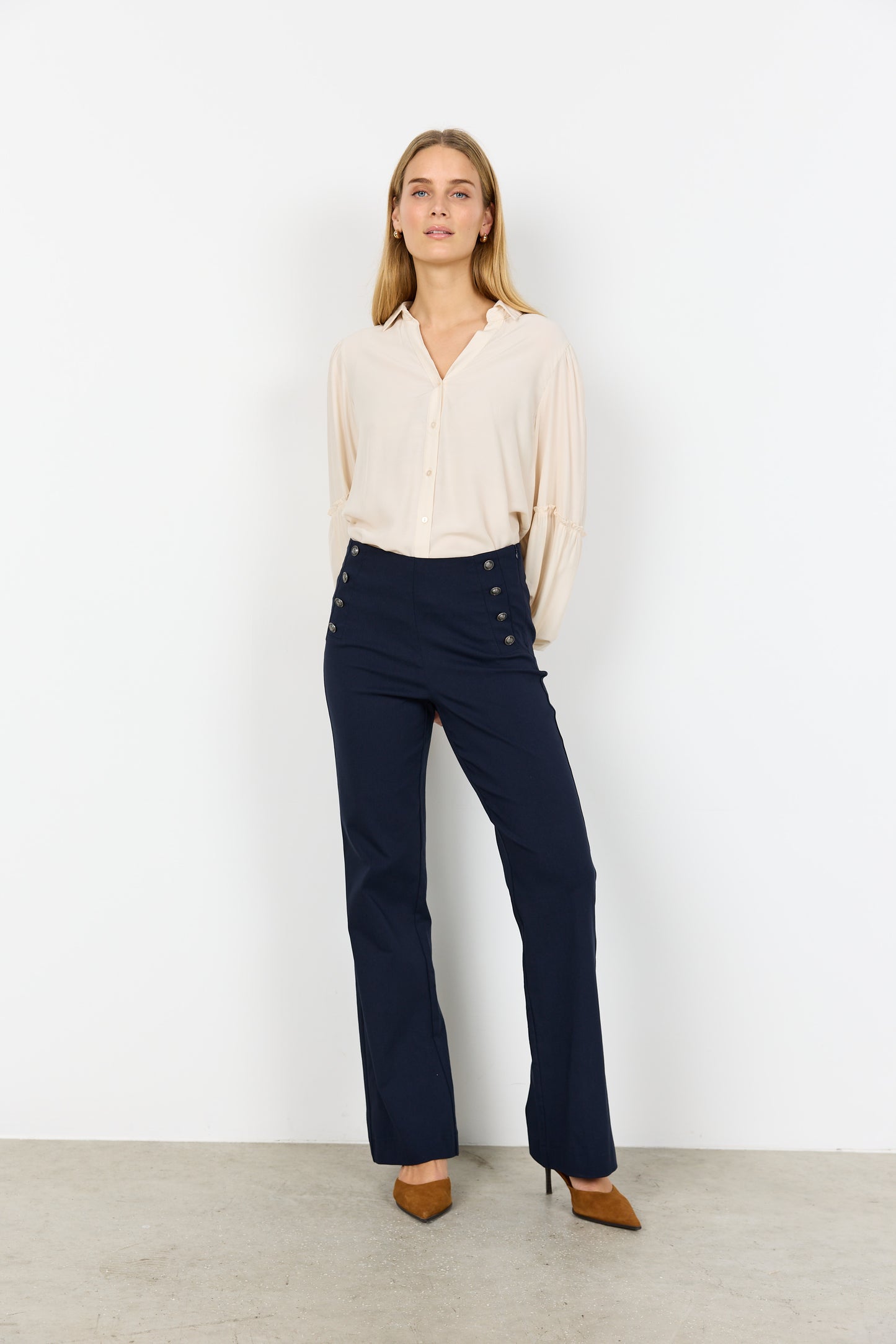 SOYA CONCEPT Lilly Navy Tailored Pants – Straight Leg Button Detail Trousers