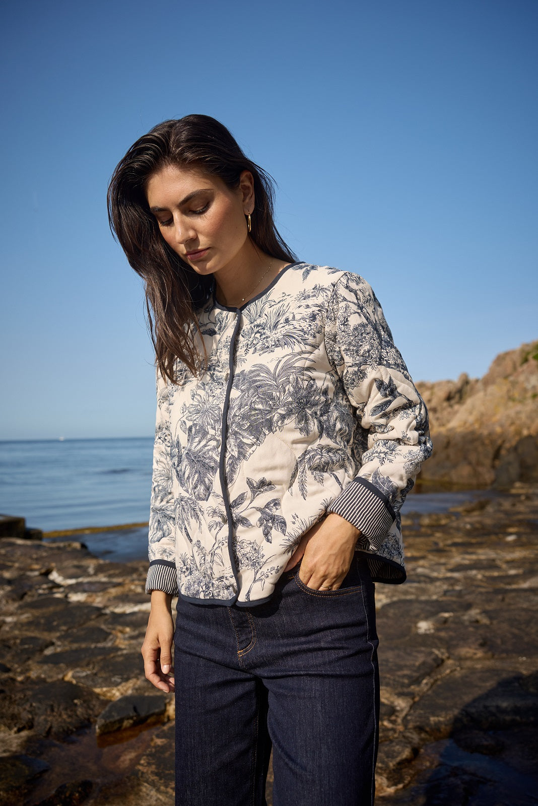 SOYA CONCEPT Carli Navy & White Botanical Print Jacket – Quilted Trim Button Front