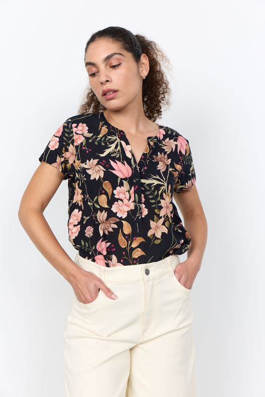 SOYA CONCEPT Grace Black Floral V-Neck Blouse – Short Sleeve Printed Top