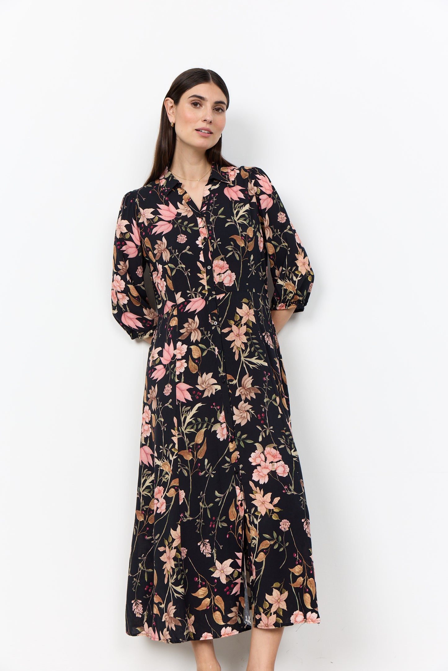 SOYA CONCEPT GRACE Black Floral Midi Shirt Dress – Button Front Dress
