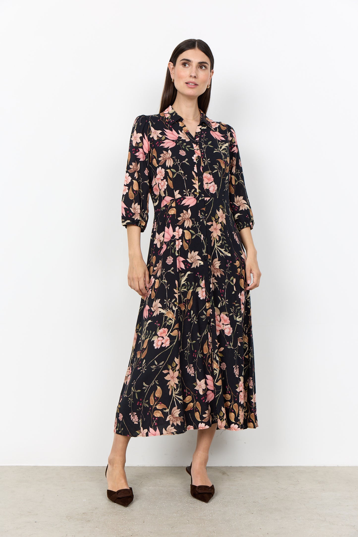 SOYA CONCEPT GRACE Black Floral Midi Shirt Dress – Button Front Dress