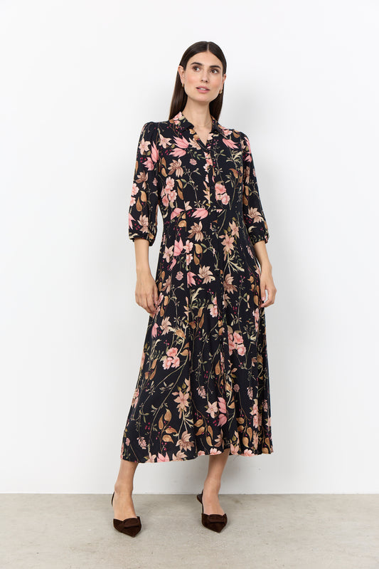SOYA CONCEPT GRACE Black Floral Midi Shirt Dress – Button Front Dress