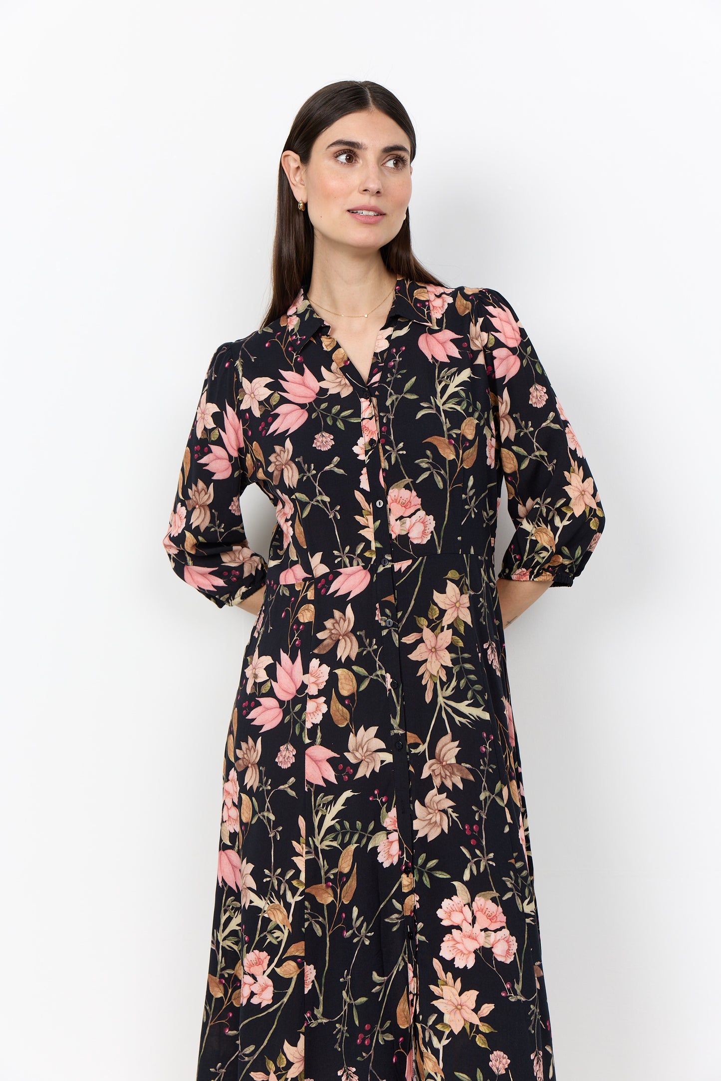 SOYA CONCEPT GRACE Black Floral Midi Shirt Dress – Button Front Dress