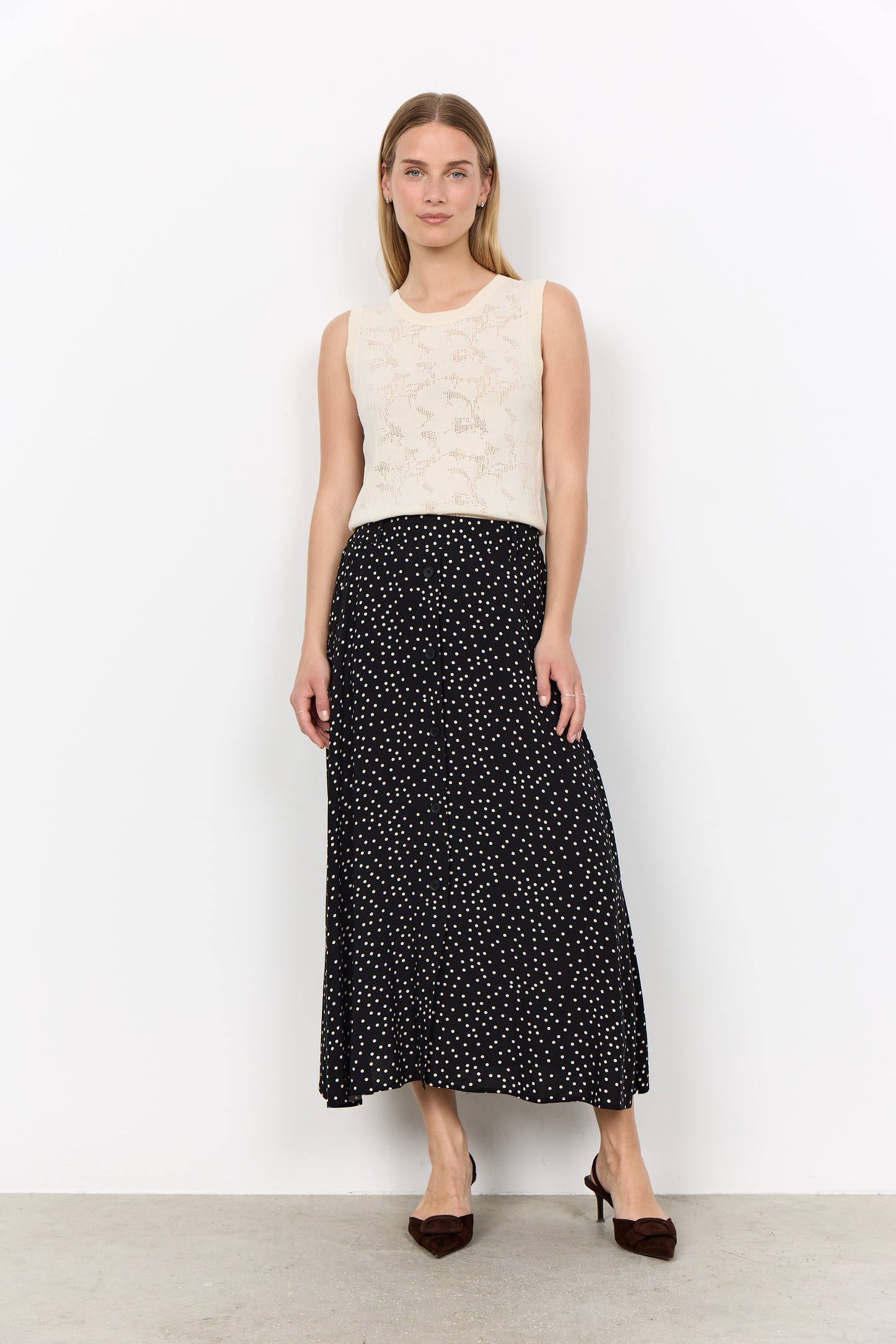 SOYA CONCEPT Gilda Black & Cream Polka Dot Midi Skirt – Button Front Skirt