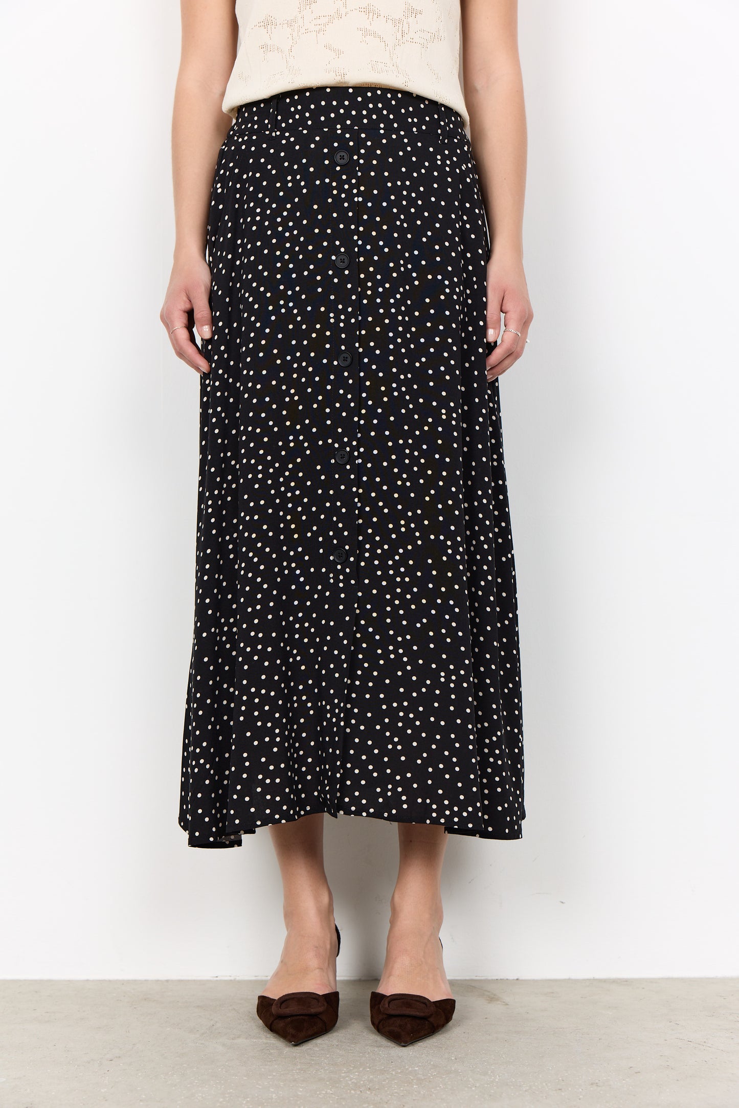 SOYA CONCEPT Gilda Black & Cream Polka Dot Midi Skirt – Button Front Skirt