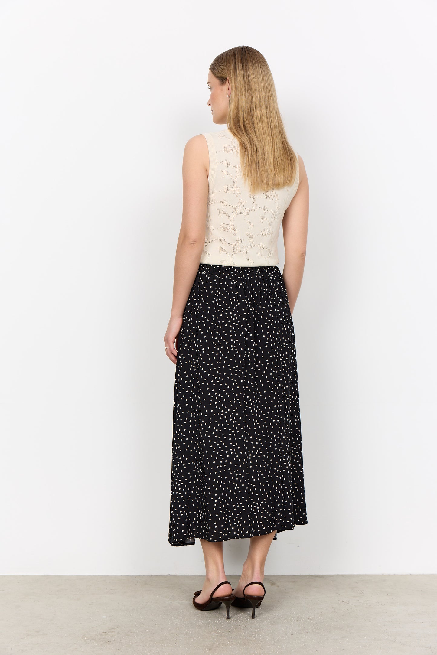 SOYA CONCEPT Gilda Black & Cream Polka Dot Midi Skirt – Button Front Skirt