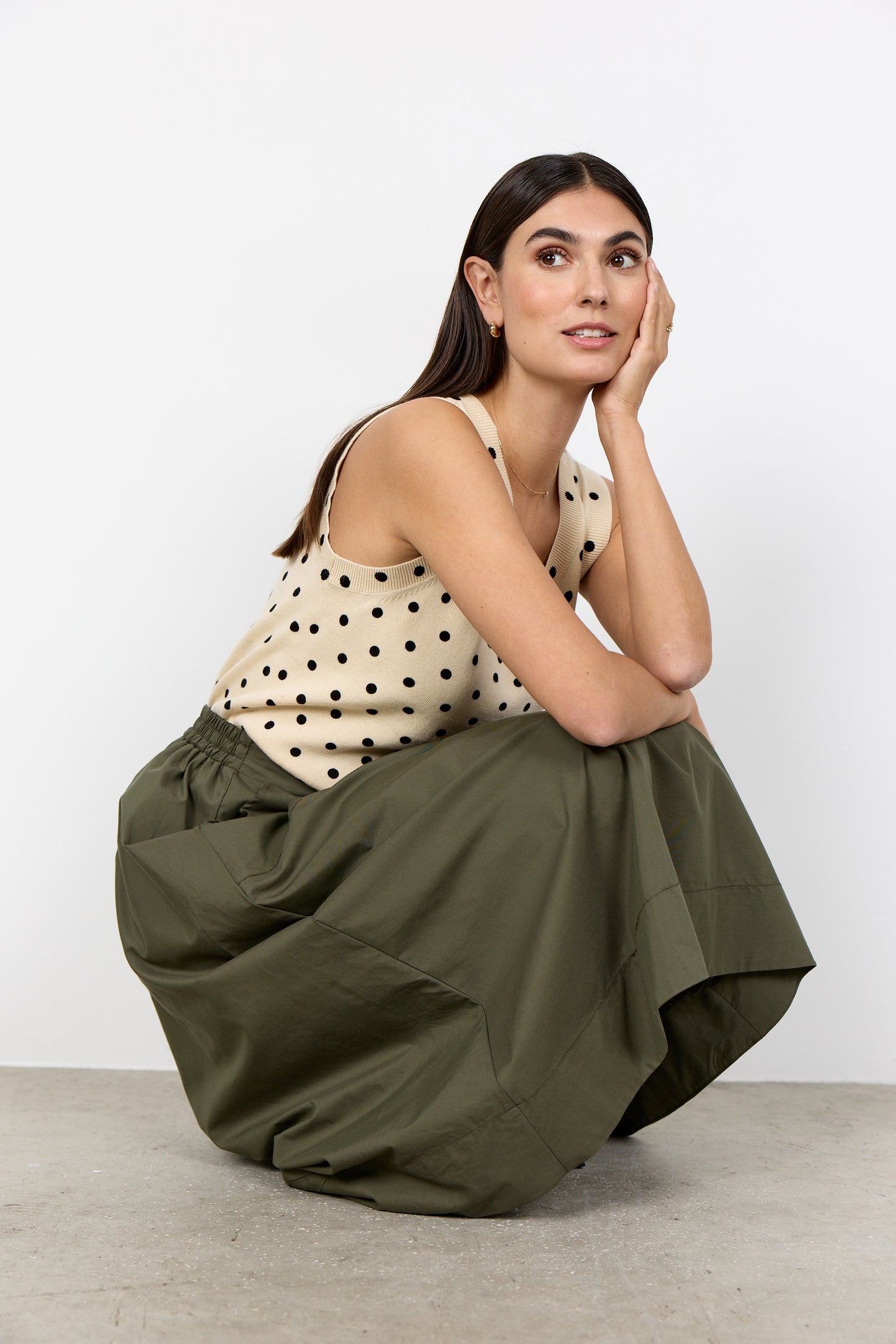 SOYA CONCEPT Netti Olive Green A-Line Midi Skirt – Front Pocket Skirt
