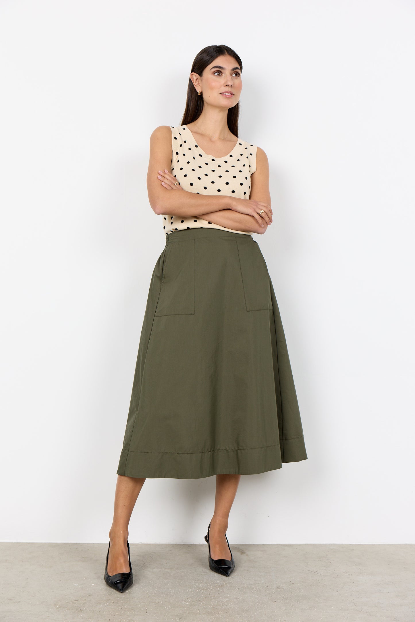 SOYA CONCEPT Netti Olive Green A-Line Midi Skirt – Front Pocket Skirt