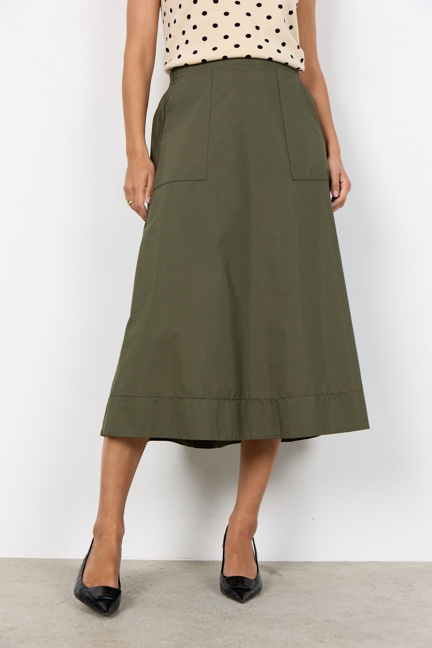 SOYA CONCEPT Netti Olive Green A-Line Midi Skirt – Front Pocket Skirt