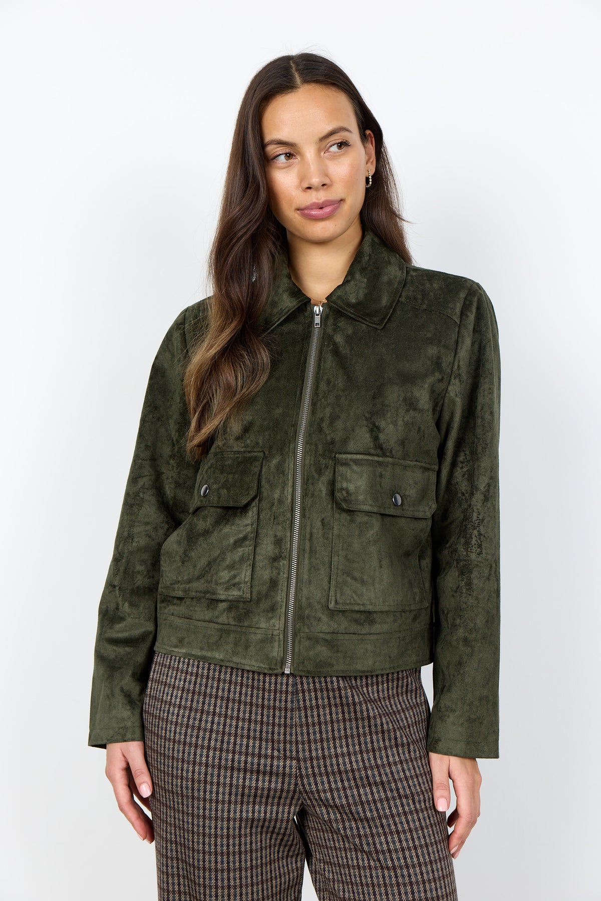 SOYA CONCEPT HAJRA Dark Olive Green Faux Suede Zip-Up Jacket