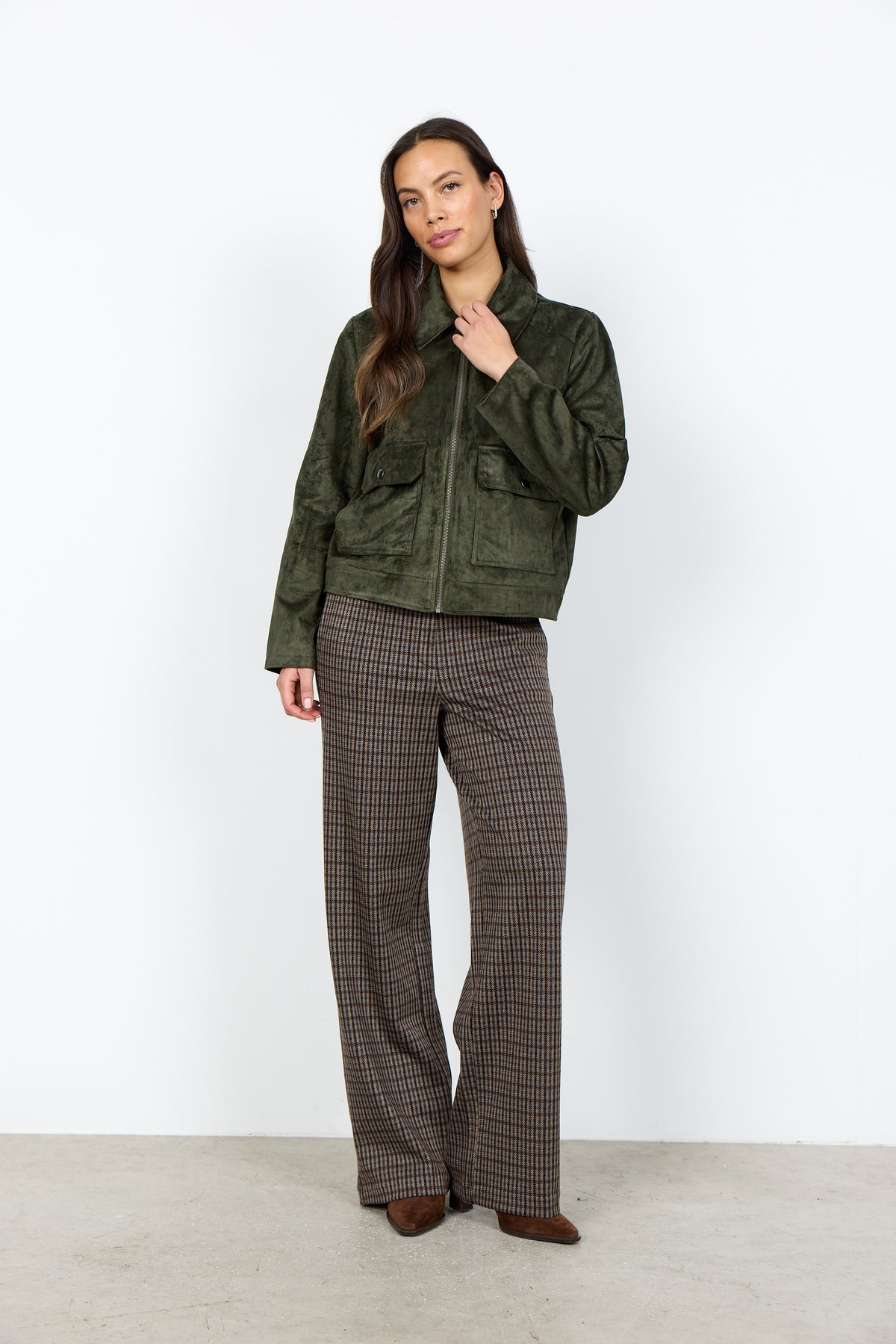 SOYA CONCEPT HAJRA Dark Olive Green Faux Suede Zip-Up Jacket