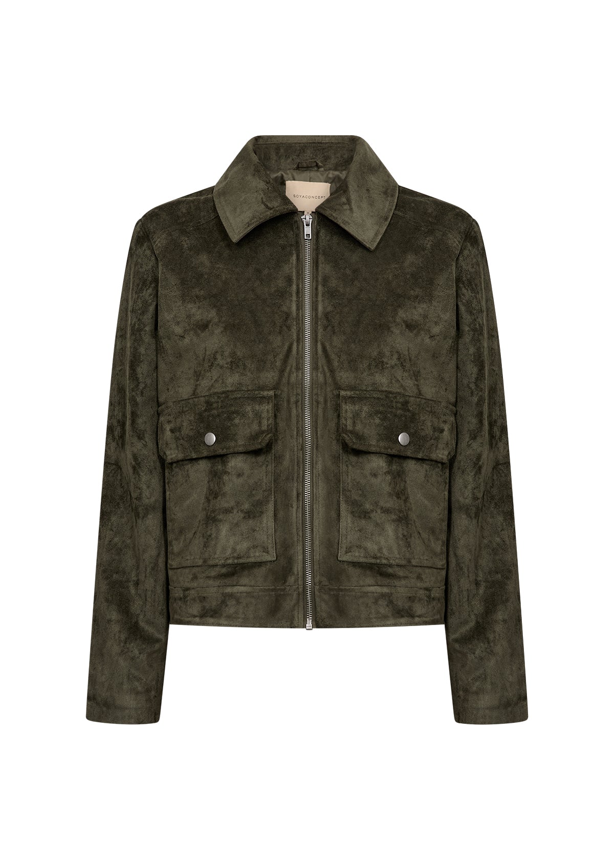 SOYA CONCEPT HAJRA Dark Olive Green Faux Suede Zip-Up Jacket