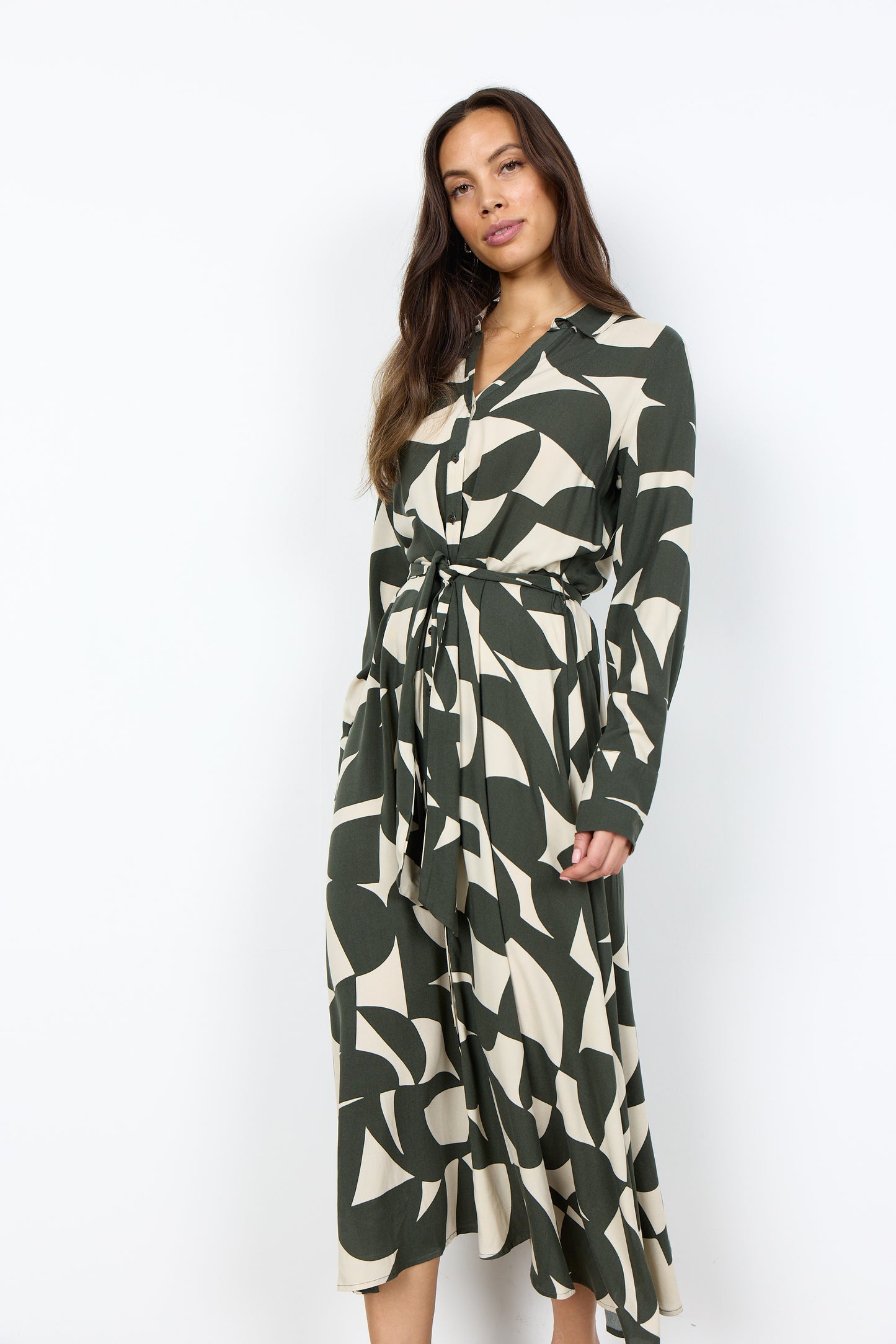 SOYA CONCEPT HANNI Cream & Kaki Green Print Dress