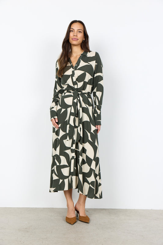 SOYA CONCEPT HANNI Cream & Kaki Green Print Dress