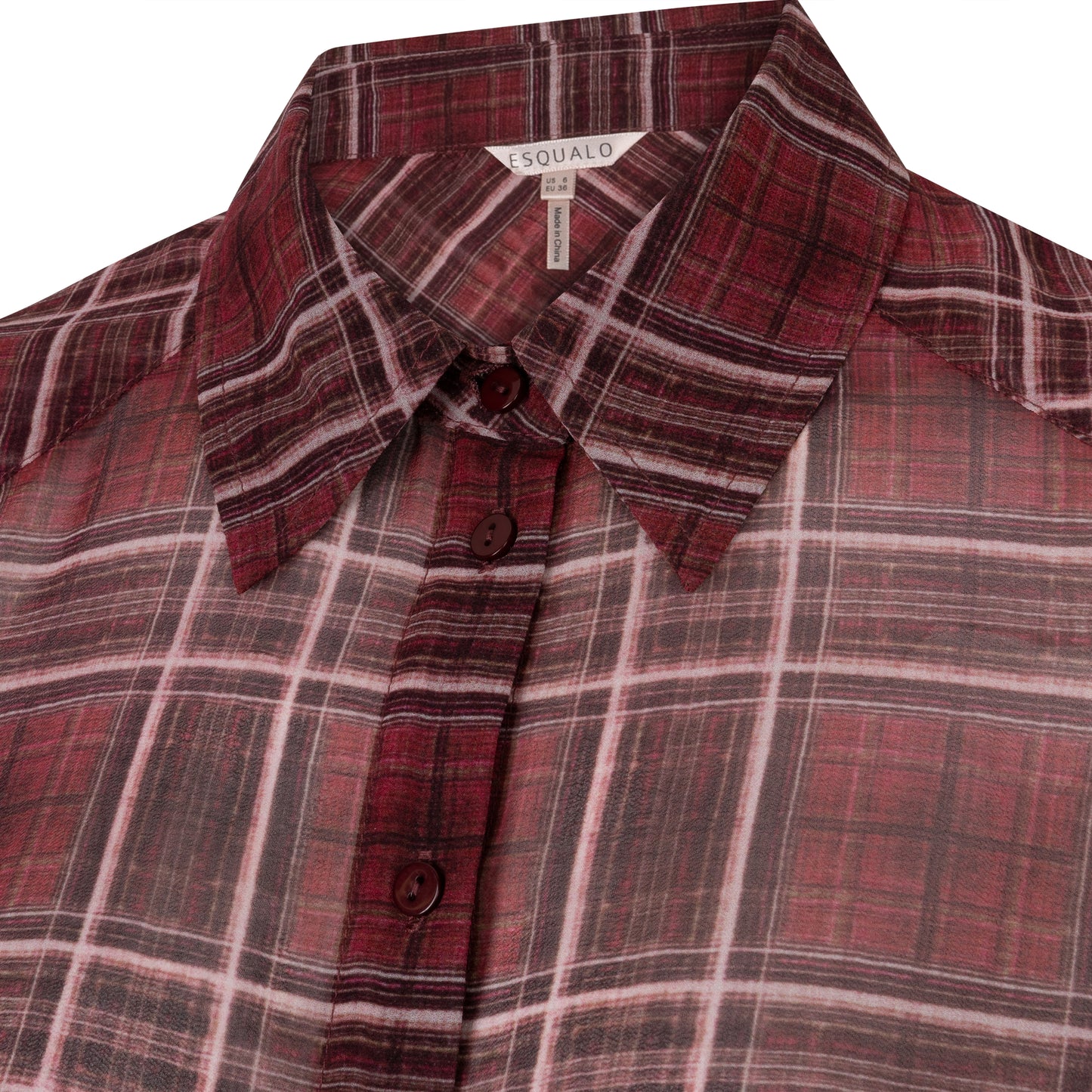 ESQUALO LENNY Merlot Chiffon Plaid Button-Up Blouse