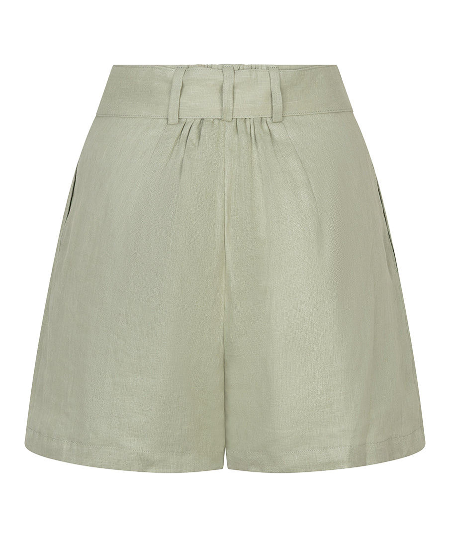 ESQUALO Adaline Sage 100% Linen Shorts – Lace Detail Belted Summer Shorts