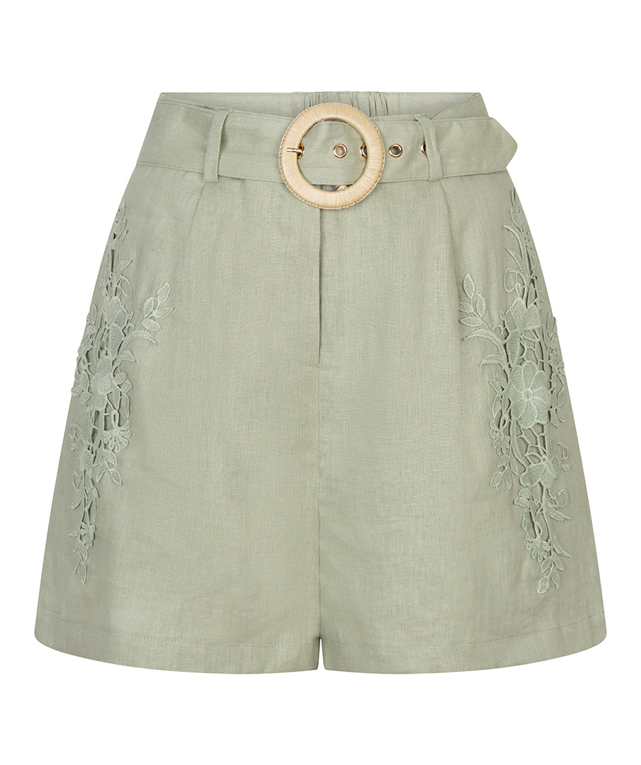 ESQUALO Adaline Sage 100% Linen Shorts – Lace Detail Belted Summer Shorts